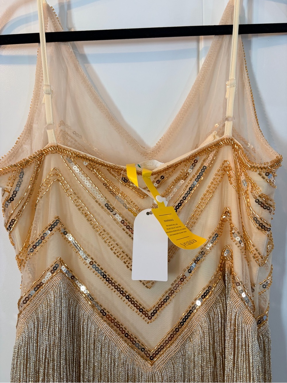 Gold Sequin Fringe Mini Dress with V-Neck Spaghetti Straps - Picture 6 of 7